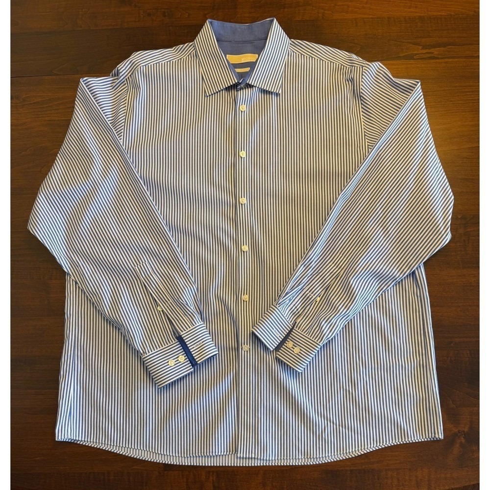 Michael Kors Mens Dress Shirt 17.5 36/37 Blue White Striped Non Iron Button Down
